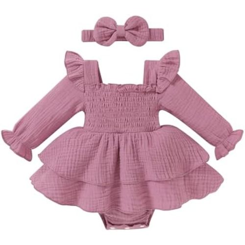 YOUNGER TREE Baby Girl Fall Clothes Infant Long Sleeve Ruffle Romper Dress with Headband Cute Toddler Winter Outfits