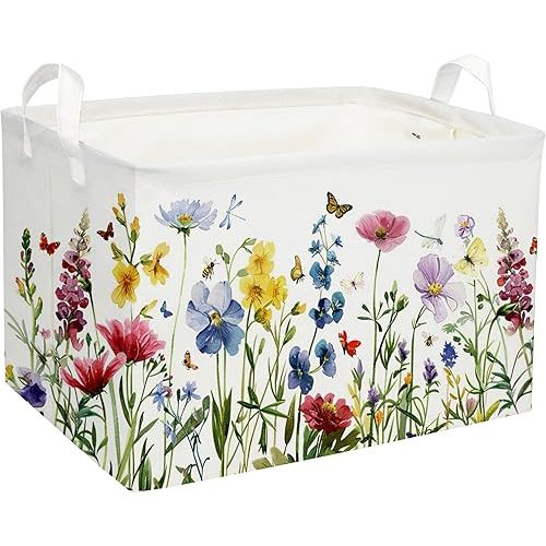 Rectangular Kids Baskets,Flower Basket.Cute Bins for Girls, Butterfly Basket with Handles.Books Basket,Gifts Bin. (Flower cluster)