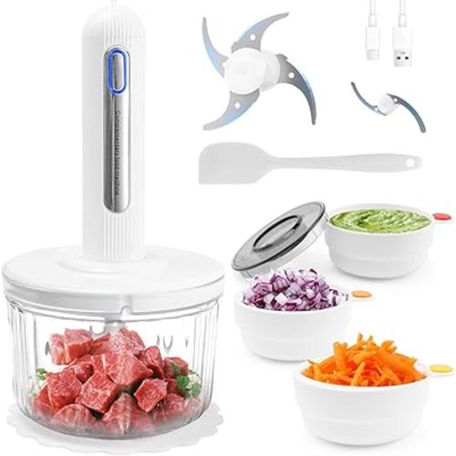 Glass Food Processor,WANJOTEC Cordless Electric Meat Grinder and Baby Food Processor, With Large and Small Double Blades, 4 Bowls,Suitable for Baby Food, Vegetable Chopper, Sauces, Outdoor Camping
