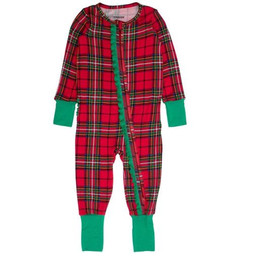 RuffleButts SoftSnooze Baby Girls Holiday Convertible Ruffle One Piece Pajama - Red Nicholas Plaid, Newborn
