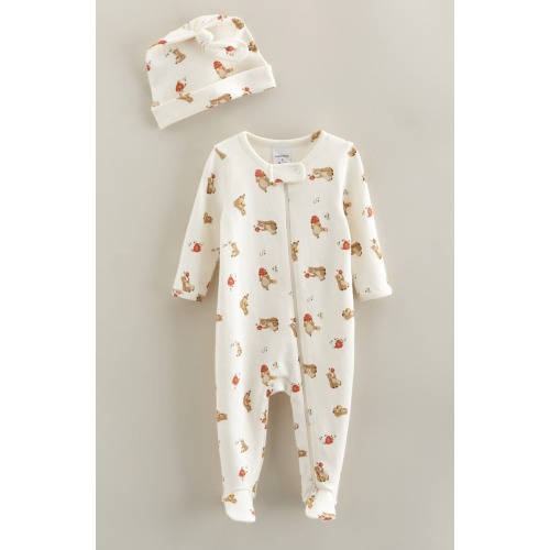 Print Zip Footie & Beanie Set, Newborn
