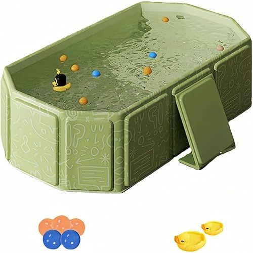 Foldable Bathtub for Kids, Toddler Bath Tub with Drain Plug, Foldable Baby Shower Tub with 5 Balls and 2 Ducks, Portable Bathroom Pool Water Toy, Cat Dog Wash Shower Basin (Green)