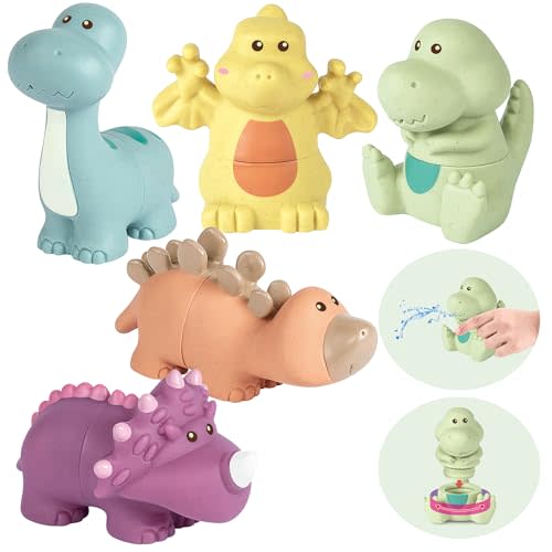 AMCHSURI Squirting Dinosaur Bath Toys 5 Pack | Spray Water Toys for 6-18M & 1-3Y | Bathtub, Pool, Water Table & Shower Play | Safe Bath Gift for Boys Girls