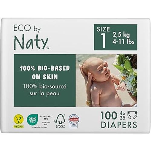 Naty Baby Diapers Newborn - 100% Plant-Based Materials on Skin, Extra Soft, for Sensitive Skin & Super Absorbent (Size 1, 100 Count)