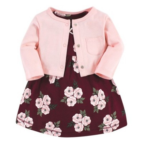 Hudson Baby Baby Girls Cotton Dress and Cardigan Set, Burgundy Floral, 0-3 Months