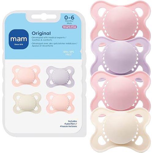 MAM Original Matte Baby Pacifiers 0-6 Months, Binky for Newborn Babies, BPA-Free Skin Soft Silicone Nipple, Easy to Clean, Developed with Medical Experts, 4 Count, With Sterilizer Case, Made in Europe