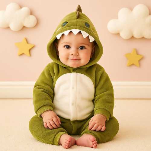 Flannel Dinosaur Baby Romper: Hooded Jumpsuit, 0-18 Months