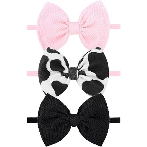 YanJie Moo Cow Print 4.5’’ Hair Bows for Girls Cowgirl Accessories Newborn Infant Toddler Baby Girl Headbands Black & Pink Bow Baby Wrap