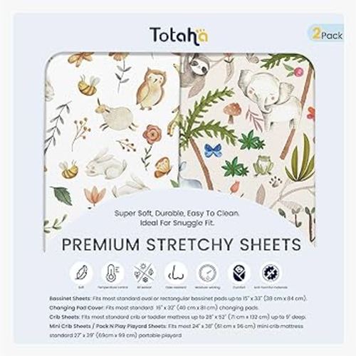 TotAha Premium Soft Graco Pack n Play Sheets Fitted, Super Stretchy Jersey Knit Mini Crib Sheets Fitted, Silky Comfort Pack and Play Mattress Sheets, 2 Pack (Happy Zoo & Jungle)