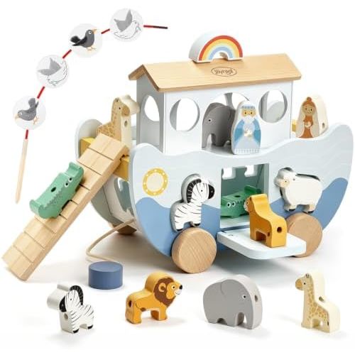 Joyreal Wooden Noah's Ark Toy for 1 Year Old Baby Boy and Girl Baptism Gift