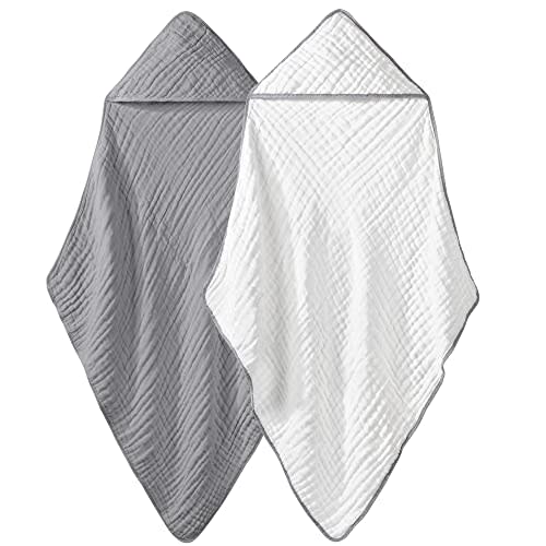 Yoofoss Hooded Baby Towels 100% Muslin Cotton 2 Pack Baby Bath Towel 32x32Inch, Extra Soft and Absorbent Hooded Towels for Baby, Infant and Toddler, Baby Bath Essential for Boys Girls (White & Grey)