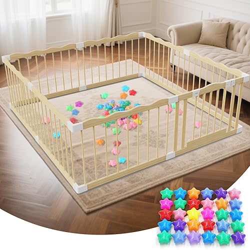 Wooden Baby Playpen - 64"×64" Wave Design Playpen for Babies and Toddlers - 30 Ocean Balls Included Safety-Certified Indoor&Outdoor Wood Fence - Easy to Assemble Play Yard