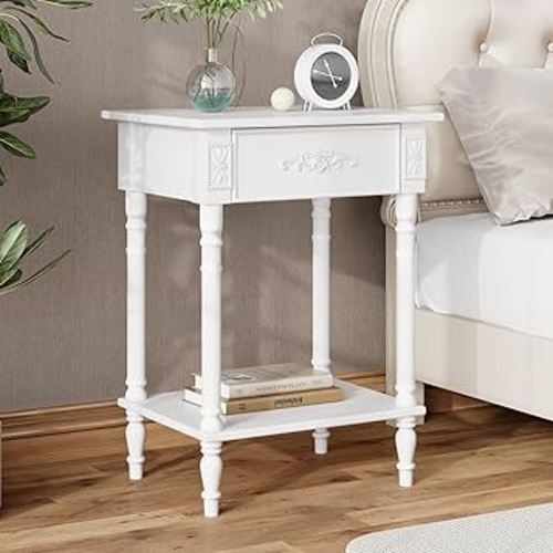 Homsee Vintage Wooden Nightstand with 1 Drawer and Bottom Shelf, Elegant Bedside Table End Side Table for Bedroom, Living Room, White (19.7”W x 15.7”D x 25”H)