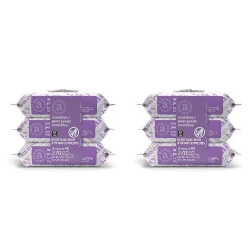 Amazon Elements Baby Wipes, Sensitive, Unscented, Cleans Gently, 810 Count, Flip-Top Packs, Pack of 9