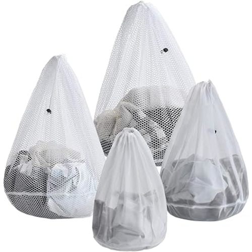 Mesh Laundry Bags, Pack of 4 Durable Drawstring Laundry Washing Bags for Delicates, Garments, Lingerie, Socks, Bras and Baby Clothes(White)