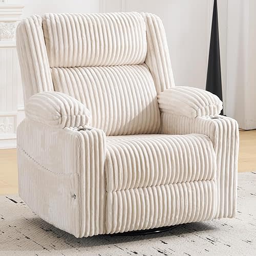 Power Recliner Chair with Massage and Heat, Oversized Swivel Rocker Recliner for Adults with Adjustable Headrest, Nursery Glider with Arm Storage and Cup Holder, Beige