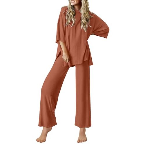Ekouaer Lounge Sets for Women Soft Comfy Pajama Set 2 Piece Outfits | Short Sleeve Tops and Long Pants with Pockets,Loose Fit Loungewear for Sleeping,Daily Wear,Travel,Vacation,Beach,Airport