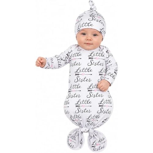 Baby Newborn Knotted Gown 0-6 Months, Soft Breathable Sleeper Gowns, Babies Girl Coming Home Outfit Infant Little Sister Nightgowns with Hat Set