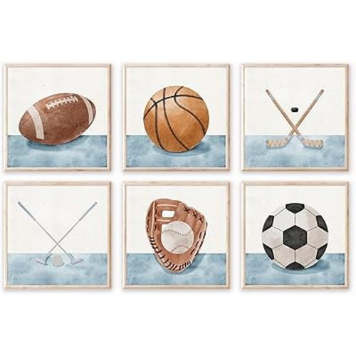 Vintage Sports Wall Art Boys Room Wall Decor Nursery Balls Prints Decor Watercolor Football Baseball Soccer Basketball Canva Painting Sports Posters for Kids Bedroom Playroom 6PCS Unframed