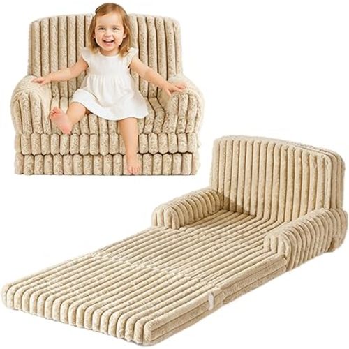 ROBUD Toddler Chair, 2-in-1 Toddler Couch Fold Out, Kids Sofa with Rabbit Plush Fabric, High Resilience Sponge, and Hidden Storage Pocket, Kids Couch for Boys and Girls, Beige