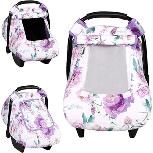 Car Seat Cover Baby, HNHUAMING Infant Car Seat Covers Canopy for Baby Girl Boy, Cozy & Windproof Newborn Carseat Covers Minky Dot Backing Stroller Cover with Breathable Mesh Window, Purple Flower