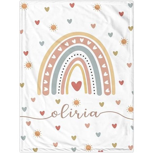 Personalized Baby Girl Blanket with Name| Custom Boho Rainbow Swaddle Blanket