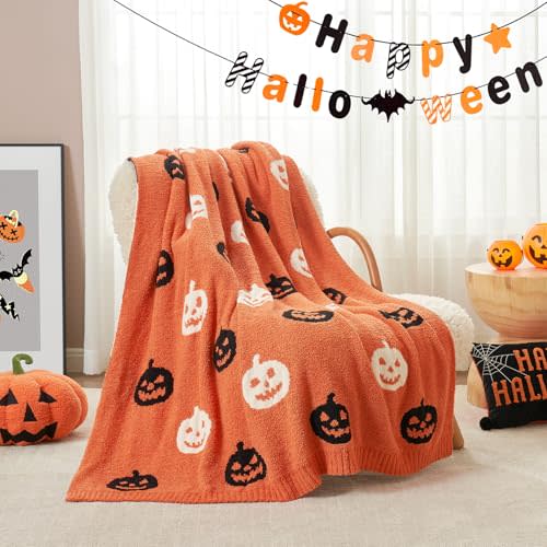 Snuggle Sac Halloween Throw Blanket Orange Pumpkin Blanket, Black Striped Halloween Throw Blanket for Couch 50x60 inches, Ultra Soft Decorative Striped Pumpkin Blanket