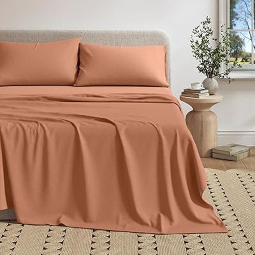 Great Bay Home Cotton Jersey Knit Twin/Twin XL Sheet Set - Ultra-Soft, Stretchy, Heathered Melange Bed Sheets - Cozy, Soft T-Shirt Sheet & Pillowcase Set (Terracotta)