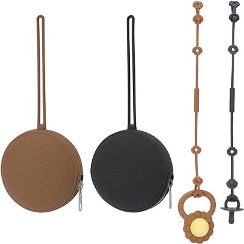 2 Pack Silicone Pacifier Holder Case & Baby Toy Strap, BPA-Free Silicone Newborn Binky Holder for Baby Boys & Girls, Travel Pacifier Container Case for Diaper & Strollers (Dark Grey/Clay)