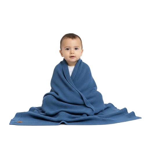 100% Organic Cotton Baby Knitted Blanket with Gift Box - Soft Toddler, Crib, Stroller Blanket - Neutral Swaddle and Receiving Blanket for Newborns, 30"x40", Aegean Blue