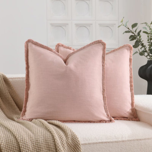 Washed Linen Textured Boho Farmhouse Pillow Cover With Tassels Edge | Wayfair