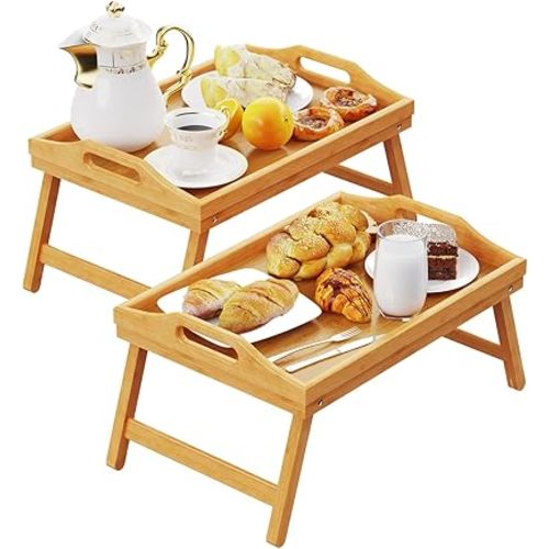 2 Pack Breakfast in Bed Tray for Eating, 16.92 x 12.6 Inch Bed Table Tray with Folding Legs & Handles, Bamboo Food Lap Trays Fits for Adult Kids Eating/TV/Surgery Recovery by Easoger. Set of 2