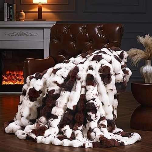Faux Fur Throw Blanket for Couch, Fluffy Fuzzy Plush Bubble Blanket, Soft Warm Cozy Shaggy Rabbit Blanket, Luxury Decorative Gifts for Sofa Bedroom Living Room, 60x50inch (Cow Print-Brown)