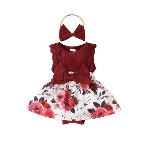 Atogsazn Toddler Girls Clothes Set Baby Lace Ribbed Jumpsuit Romper Floral Skirts Outfit with Headband Z-Wine 0-3 Months Fashion