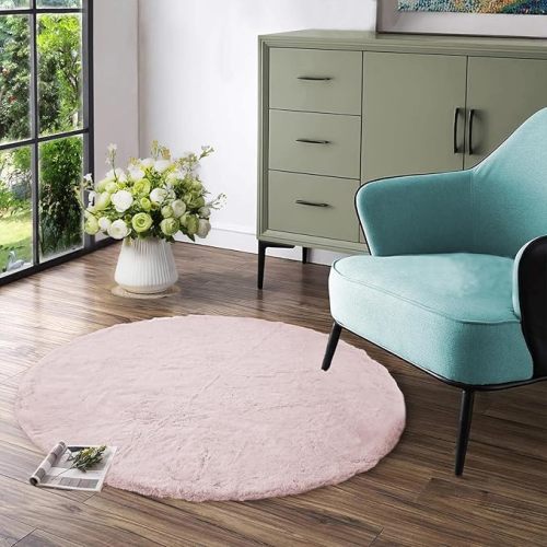 Latepis Light Pink Circle Rug 3ft Fuzzy Round Throw Rug Non-Slip Faux Rabbit Fur Carpet for Bedroom, Living Room, Nursery, Playing Room and Dorm
