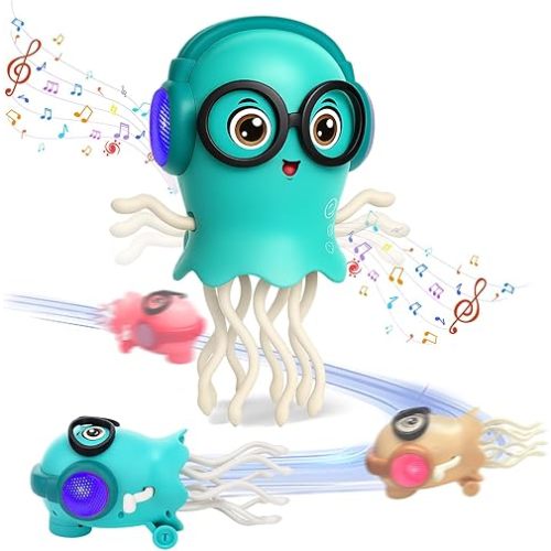 Magic Electric Dancing Jellyfish Toy with Led Light and Music,Playful Automatic Steer Crawling Dancing Jellyfish with Smart Tentacle Explorer,Dancing Octopus Toy Tummy Time Baby Toys,Green