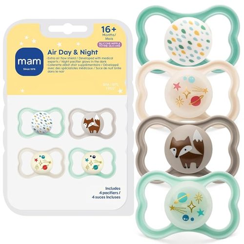 MAM Air Pacifier for Babies 16+ Months, Extra Air Flow for Sensitive Skin, Glows in The Dark, Developed with Medical Experts, BPA-Free Skin Soft Silicone, 4 Count, Made in Europe