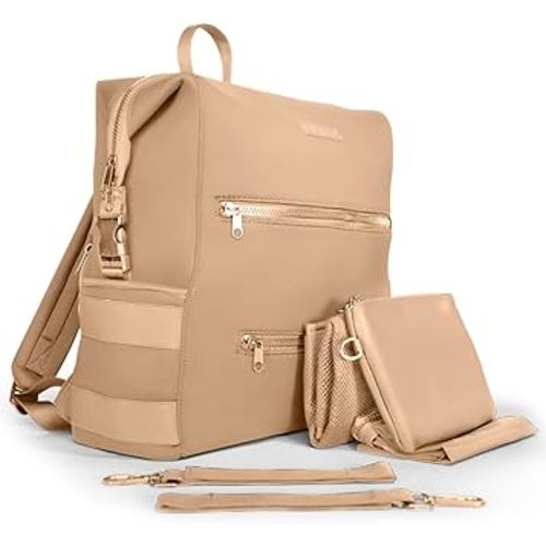 BUNSO Neoprene Diaper Bag, Minimalist Backpack Diaper Bag with Pouch, Changing Pad, and Stroller Straps, Water Resistant and Lightweight Baby Diaper Bag Backpack, Womens and Mens Diaper Bag, Khaki