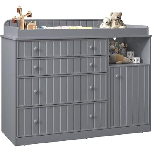 Grey Changing Table Dresser with 4 Drawers, Baby Nursery Diaper Table