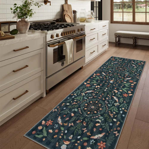 Chloe Washable Boho Insect Botanical Floral Black Runner Rug