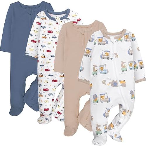 Baby Essentials Boys 4 Pack Patterned and Solid Footie Newborn Outfits, Long Sleeve Zip-Up Sleep and Play