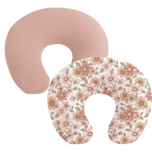 Konssy 2 Pack Nursing Pillow Covers, Stretchy and Soft Nursing Cover for Breastfeeding, Pillow Slipcover for Baby Girls Boys Newborn (Pink, Vintage Petals)