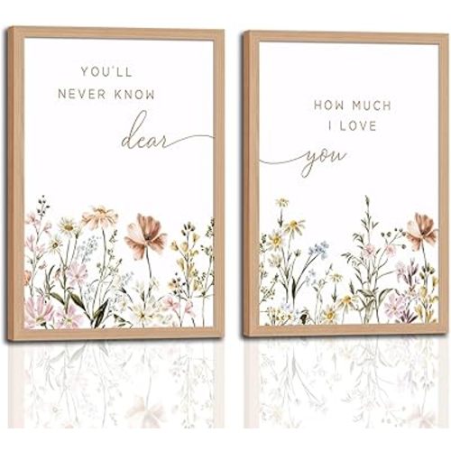 2Pcs Framed Wildflower Nursery Wall Art Flower Botanical Canvas Poster Painting Picture Boho Girl Nurseries Print Artwork for Nursery Baby Room Living Room Bedroom Home 12X16in
