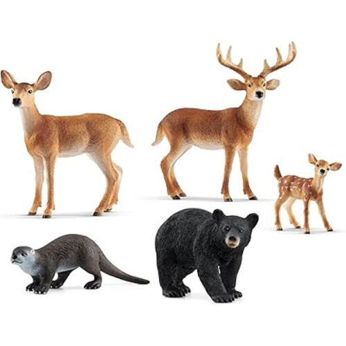 Schleich Wild Life - 5 PC North American Wildlife Animal Toy Figurine Bundle - Includes Realistic Buck, Doe, Fawn, Otter and Black Bear Toys for Boys and Girls - Forest Figures for Kids Ages 3+