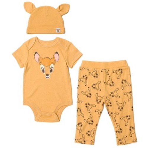 Disney Classics Winnie the Pooh Lion King Bambi Baby Bodysuit Pants and Hat 3 Piece Outfit Set Newborn to Infant, Color: Bambi, Size: 0-3 months