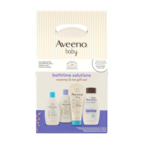 Aveeno Baby Bathtime Solutions Mommy & Me Gift Set, Baby Wash & Shampoo, Calming Bath, Daily Moisturizing Lotion & Stress Relief Body Wash for Mom, Nourishing Oat, Registry Must Haves, 4 items