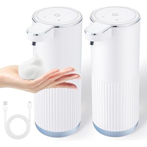 2 Pack Automatic Soap Dispenser Touchless, Rechargeable Foaming Hand Soap Dispenser, 4-Level Adjustable Foam for Bathroom Countertop, Electric (White)