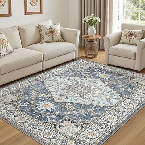 5x8 Washable Area Rugs for Living Room: Non Slip Vintage Blue Yellow Rug, Large Soft Stain Resistant Indoor Floor Carpets for Bedroom Dining Room Nursery Home Office Kid & Pet Friendly