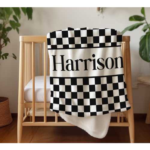 Personalized Baby Blanket: Black Checkered Minky or Sherpa Cuddle Blanket
