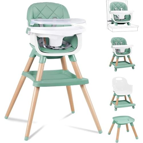 Babyliebe Baby High Chair, 8 in 1 Convertible Wooden High Chair for Babies and Toddlers, Converts to Booster Seat, Toddler Chair & Stool, with Removable Double Tray, Adjustable Legs & Footrest (Green)